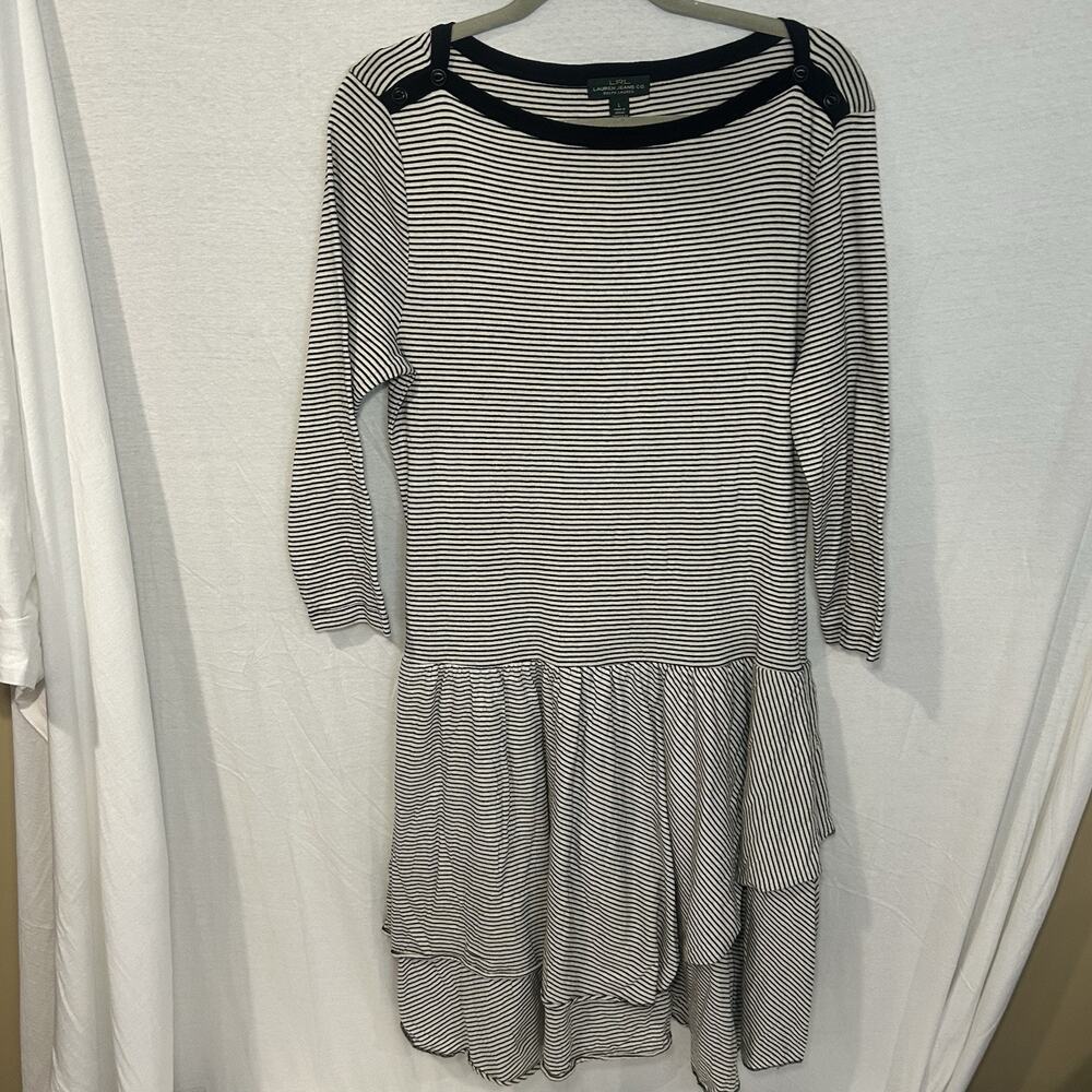 Ralph Lauren Jeans Black White Striped 3/4 Sleeve Ruffle Knit Dress Women’s‎ L